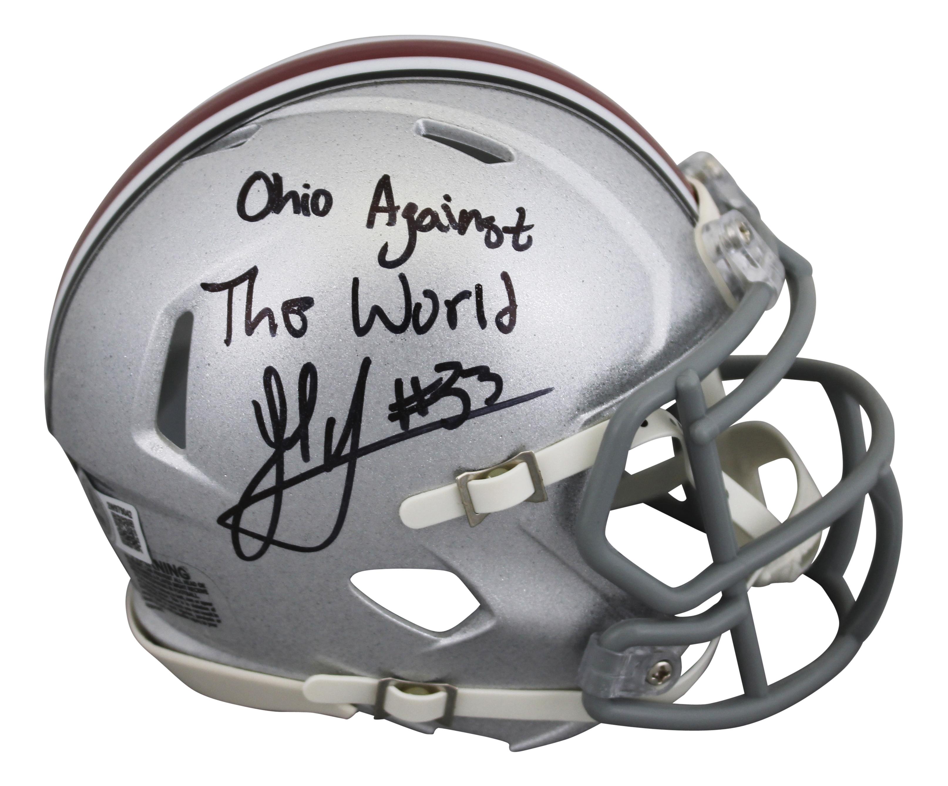 Jack Sawyer Signed Ohio State Buckeyes Speed Mini Helmet Inscribed "Ohio Against the World" (Beckett) at PristineAuction.com Jack Sawyer Signed Ohio State Buckeyes Speed Mini Helmet Inscribed "Ohio Against the World" (Beckett) at PristineAuction.com