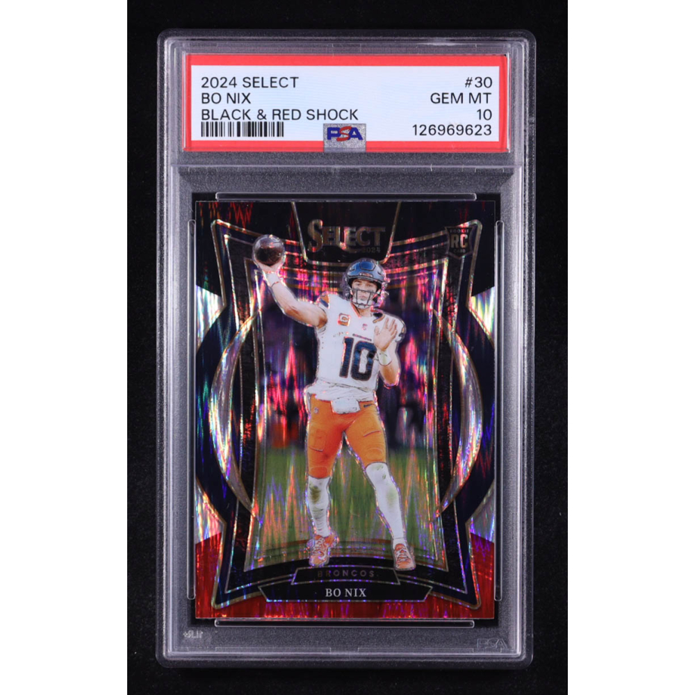 Bo Nix 2024 Select Prizm Black and Red Shock #30 RC (PSA 10) at PristineAuction.com