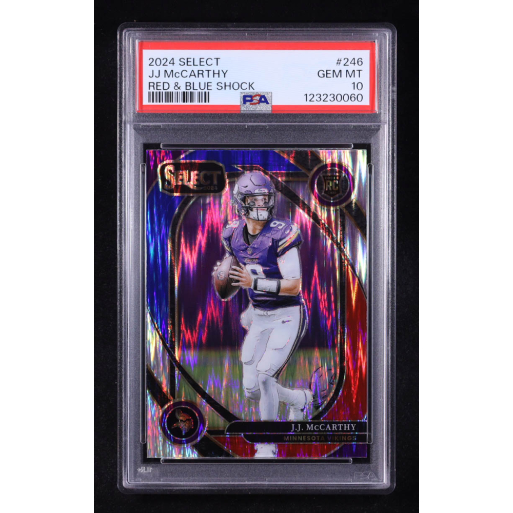 JJ McCarthy 2024 Select Prizm Red and Blue Shock #246 RC (PSA 10) at PristineAuction.com