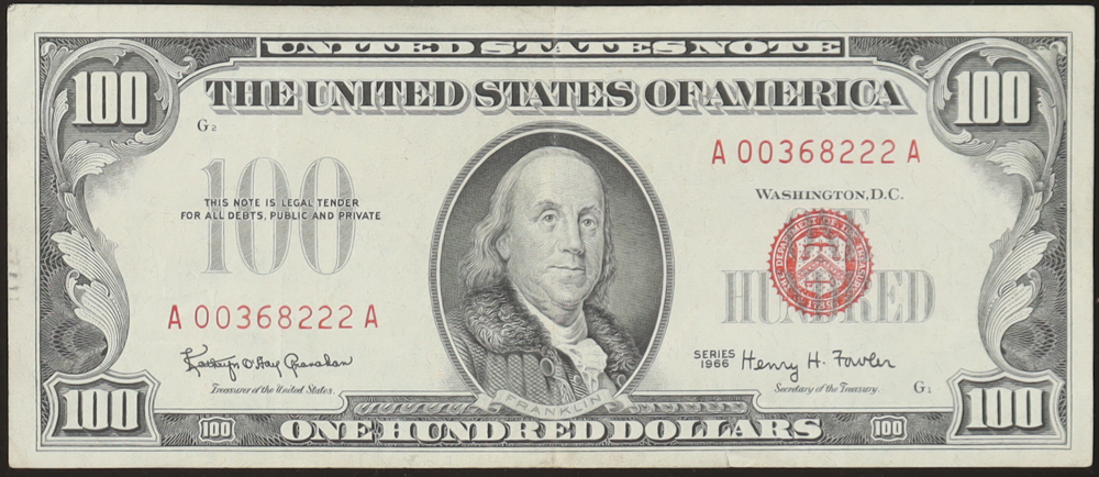 1966 United States $100 One Hundred Dollar Red Seal Note at PristineAuction.com 1966 United States $100 One Hundred Dollar Red Seal Note at PristineAuction.com