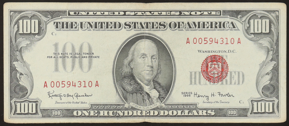 1966 United States $100 One Hundred Dollar Red Seal Note at PristineAuction.com 1966 United States $100 One Hundred Dollar Red Seal Note at PristineAuction.com