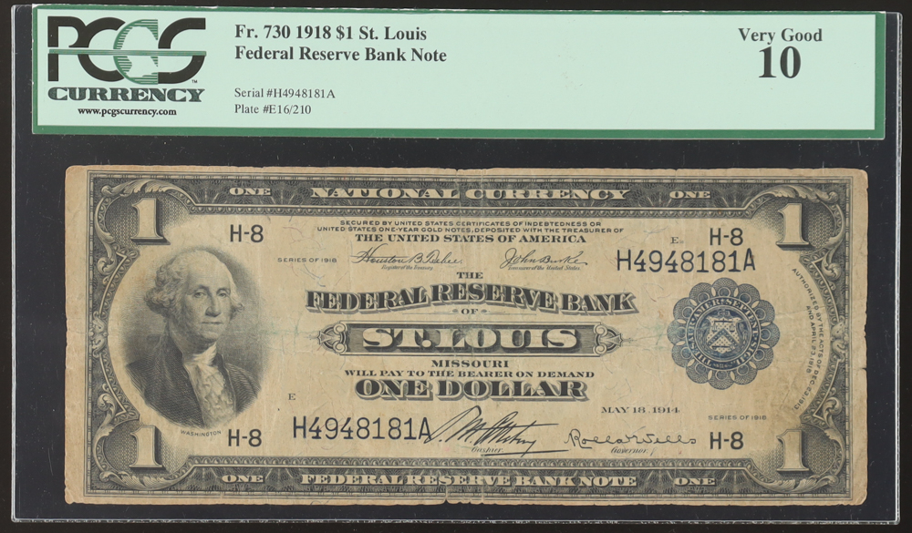 1918 $1 One Dollar Blue Seal Federal Reserve Bank Note - St. Louis (PCGS 10) at PristineAuction.com 1918 $1 One Dollar Blue Seal Federal Reserve Bank Note - St. Louis (PCGS 10) at PristineAuction.com