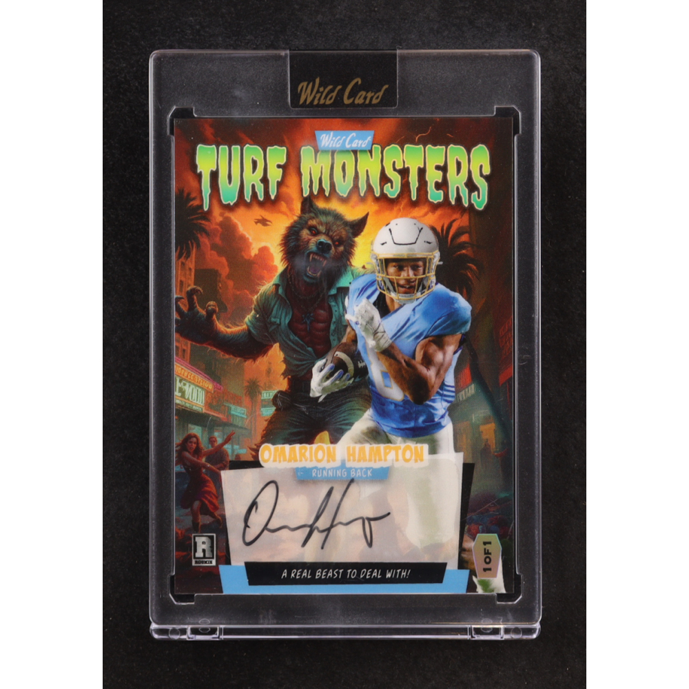 Omarion Hampton 2025 Wild Card Turf Monsters Autograph Werewolf Rainbow Foil #ATMWM-OH #1/1 RC at PristineAuction.com