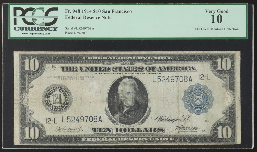 1914 $10 Ten Dollars Blue Seal Federal Reserve Bank Note - San Francisco (PCGS 10) at PristineAuction.com 1914 $10 Ten Dollars Blue Seal Federal Reserve Bank Note - San Francisco (PCGS 10) at PristineAuction.com