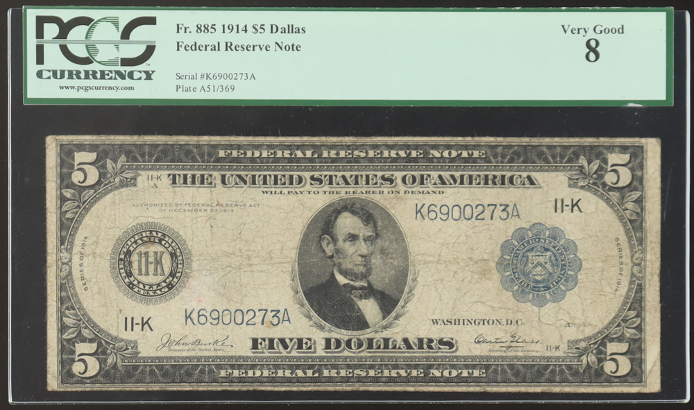 1914 $5 Five Dollars Blue Seal Federal Reserve Bank Note - Dallas (PCGS 8) at PristineAuction.com 1914 $5 Five Dollars Blue Seal Federal Reserve Bank Note - Dallas (PCGS 8) at PristineAuction.com