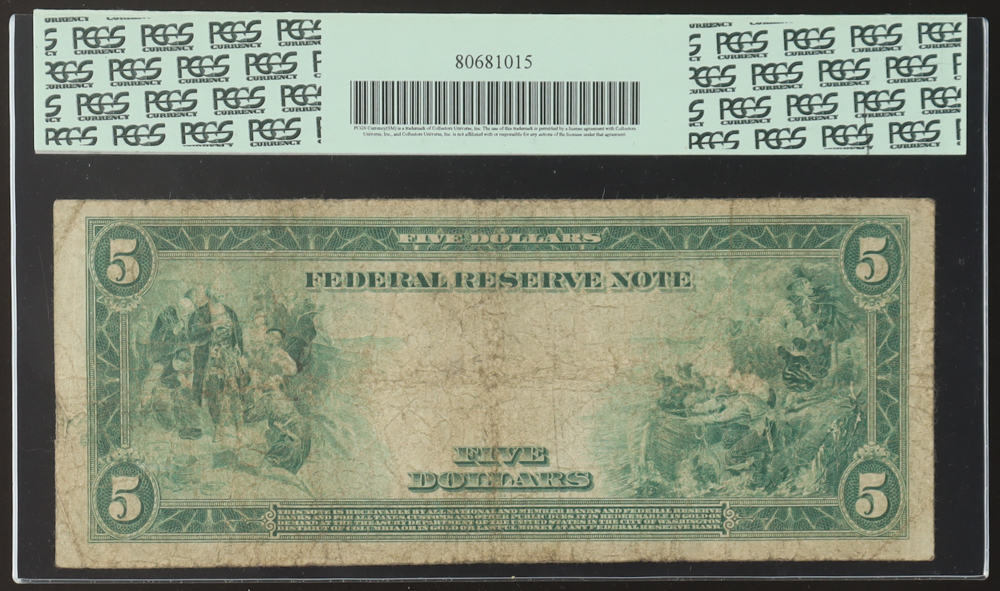 1914 $5 Five Dollars Blue Seal Federal Reserve Bank Note - Dallas (PCGS 8) at PristineAuction.com 1914 $5 Five Dollars Blue Seal Federal Reserve Bank Note - Dallas (PCGS 8) at PristineAuction.com