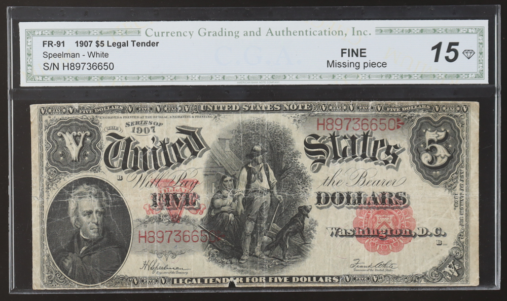 1907 United States Legal Tender $5 Five Note (CGA 15) at PristineAuction.com 1907 United States Legal Tender $5 Five Note (CGA 15) at PristineAuction.com