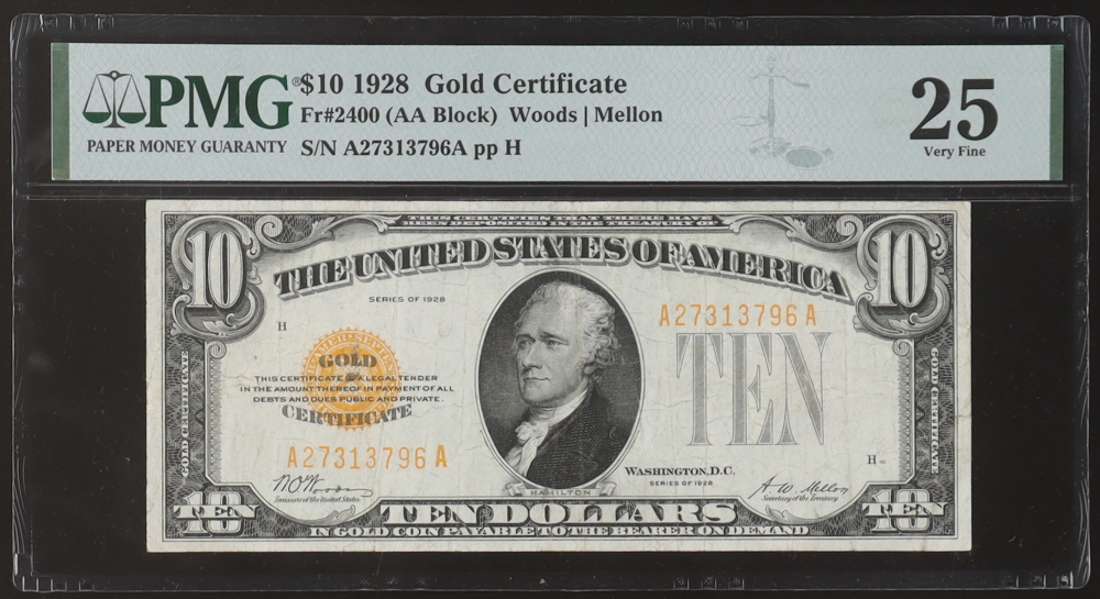 1928 United States $10 Ten Dollar Gold Certificate Banknote (PMG 25) at PristineAuction.com 1928 United States $10 Ten Dollar Gold Certificate Banknote (PMG 25) at PristineAuction.com