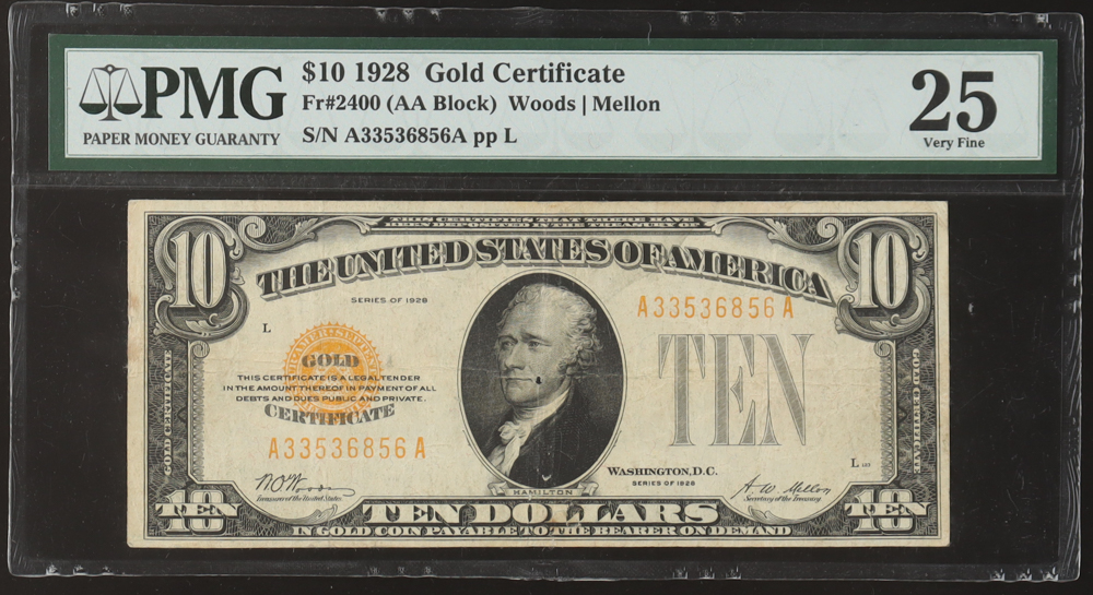 1928 United States $10 Ten Dollar Gold Certificate Banknote (PMG 25) at PristineAuction.com 1928 United States $10 Ten Dollar Gold Certificate Banknote (PMG 25) at PristineAuction.com