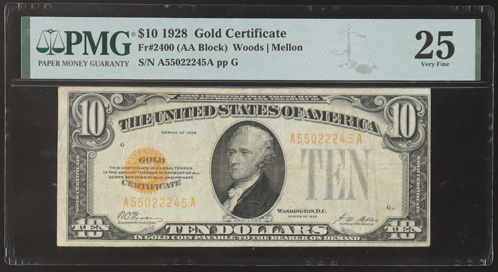 1928 United States $10 Ten Dollar Gold Certificate Banknote (PMG 25) at PristineAuction.com 1928 United States $10 Ten Dollar Gold Certificate Banknote (PMG 25) at PristineAuction.com