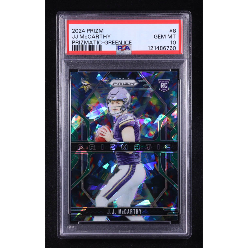 JJ McCarthy 2024 Panini Prizm Prizmatic Prizms Green Ice #8 RC (PSA 10) at PristineAuction.com