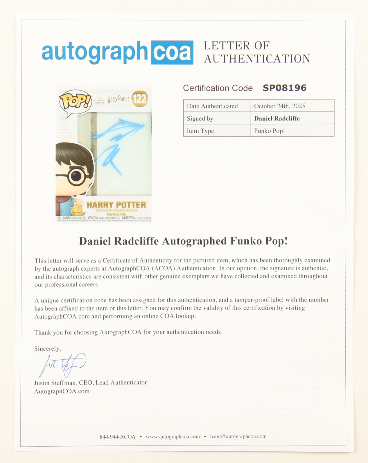 Daniel Radcliffe Signed "Harry Potter" #122 Wizarding World Funko Pop! Vinyl Figure (ACOA) at PristineAuction.com Daniel Radcliffe Signed "Harry Potter" #122 Wizarding World Funko Pop! Vinyl Figure (ACOA) at PristineAuction.com