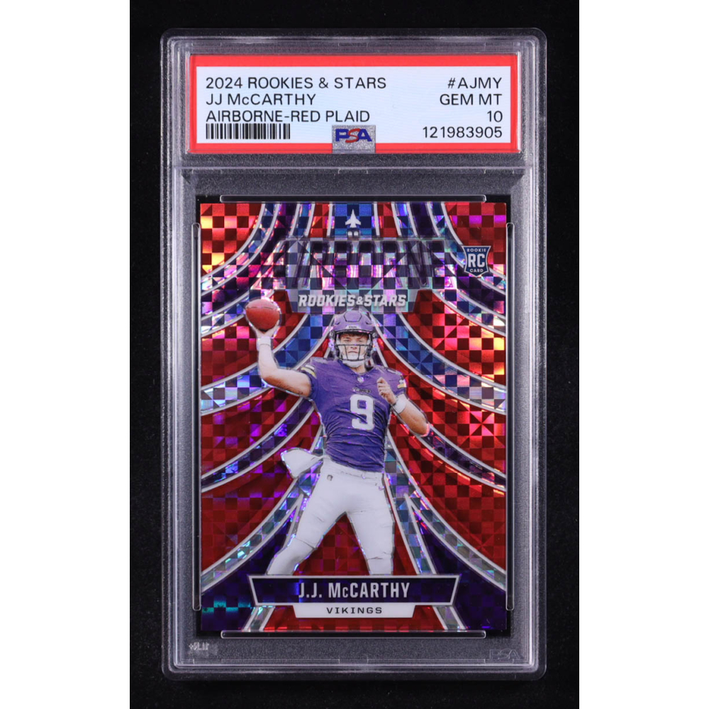 JJ McCarthy 2024 Rookies and Stars Airborne Red Plaid #21 RC (PSA 10) at PristineAuction.com