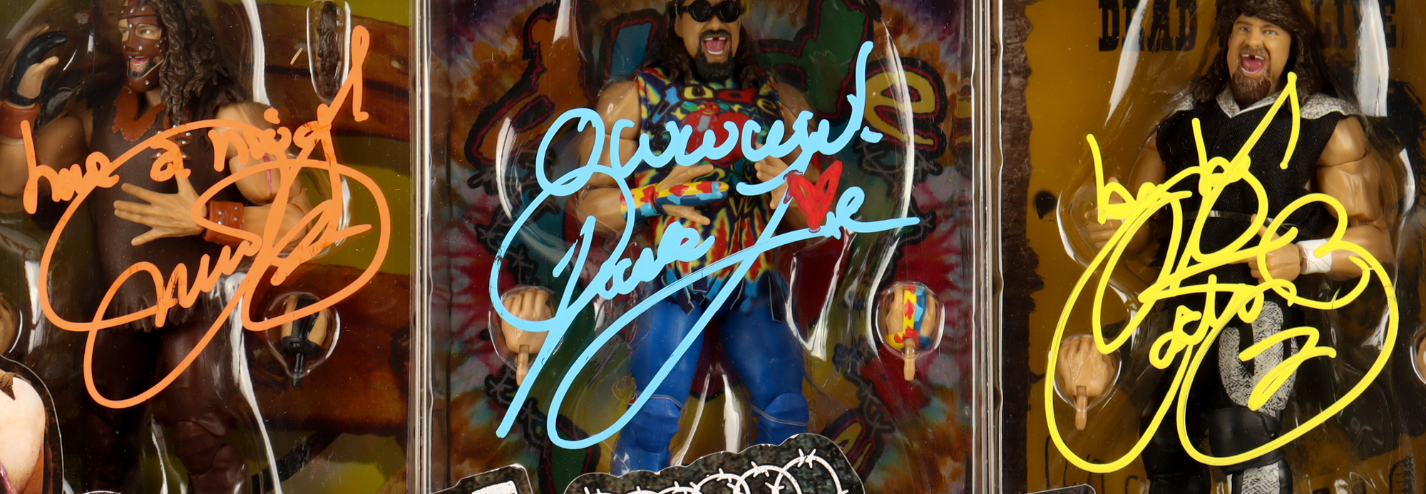 Mick Foley Signed WWE Elite Collection Action Triple Figure Set with Multiple Inscriptions (Fanatics) at PristineAuction.com Mick Foley Signed WWE Elite Collection Action Triple Figure Set with Multiple Inscriptions (Fanatics) at PristineAuction.com