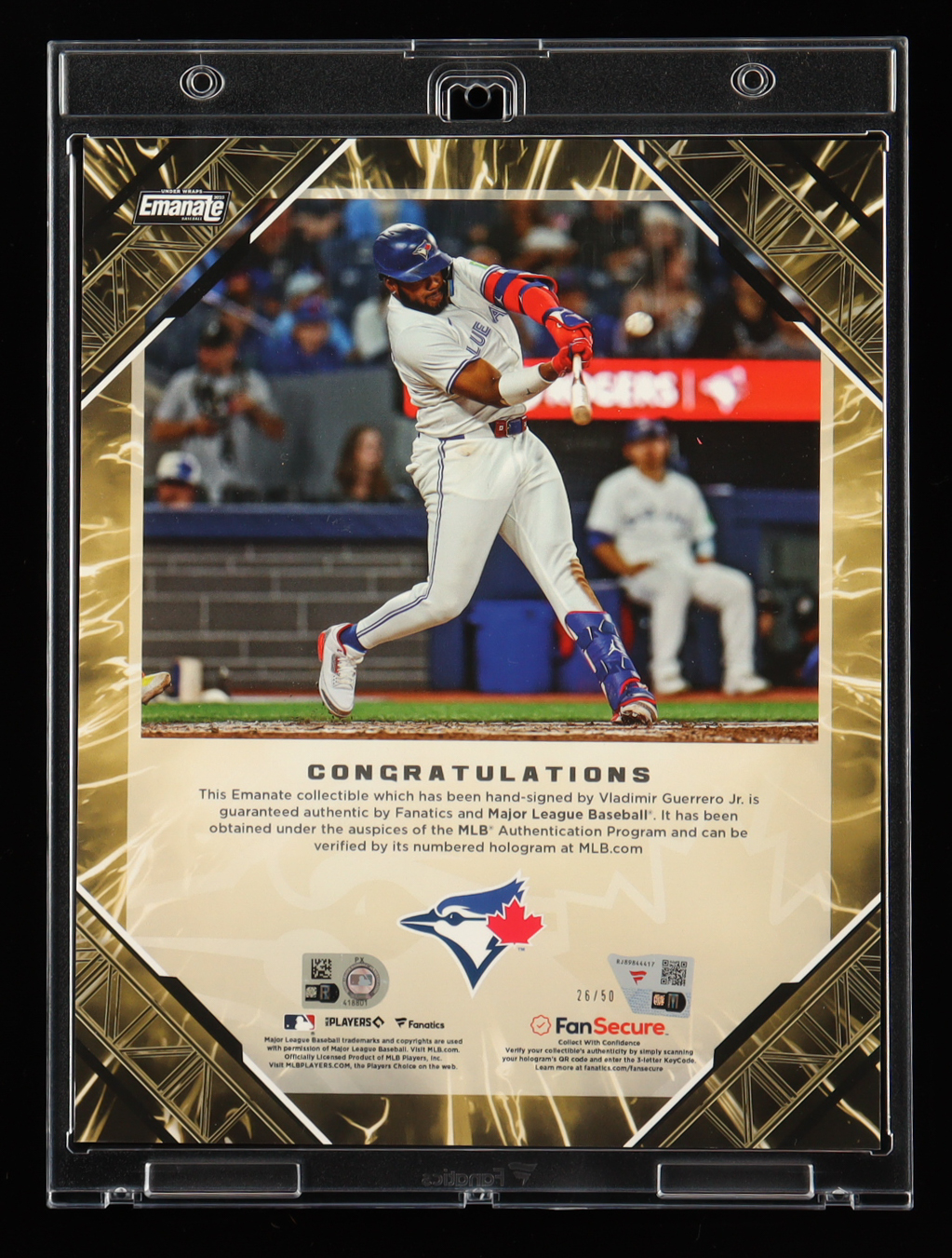 Vladimir Guerrero Jr. Signed 2025 Fanatics Under Wraps Emanate Gold 8x10 Photo #26/50 (Fanatics & MLB) at PristineAuction.com Vladimir Guerrero Jr. Signed 2025 Fanatics Under Wraps Emanate Gold 8x10 Photo #26/50 (Fanatics & MLB) at PristineAuction.com