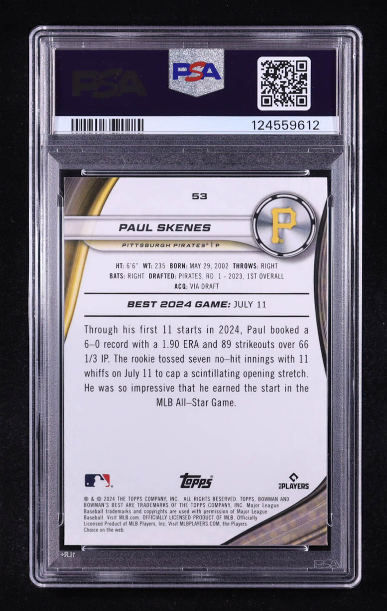 Paul Skenes 2024 Bowman's Best Mini-Diamond Refractors #53 RC #043/299 (PSA 9) at PristineAuction.com Paul Skenes 2024 Bowman's Best Mini-Diamond Refractors #53 RC #043/299 (PSA 9) at PristineAuction.com