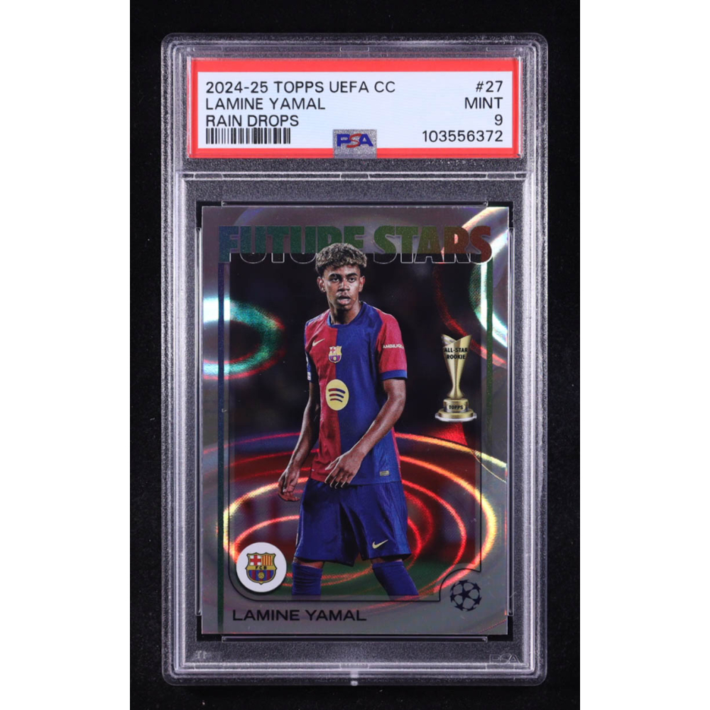 Lamine Yamal 2024-25 Topps Chrome UEFA Club Competitions Rain Drop Refractors #27 FS (PSA 9) at PristineAuction.com