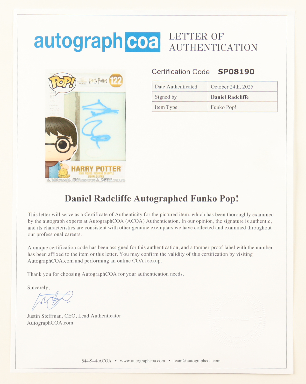 Daniel Radcliffe Signed "Harry Potter" #122 Wizarding World Funko Pop! Vinyl Figure (ACOA) at PristineAuction.com Daniel Radcliffe Signed "Harry Potter" #122 Wizarding World Funko Pop! Vinyl Figure (ACOA) at PristineAuction.com