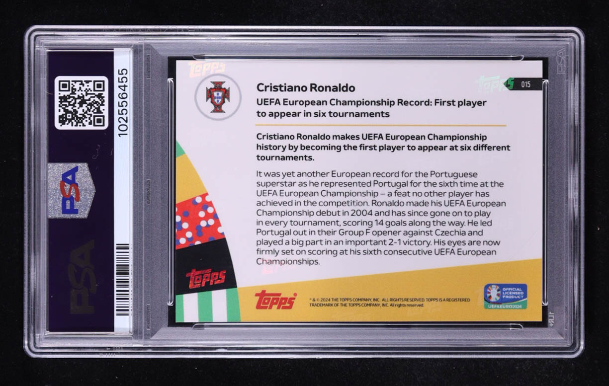 Cristiano Ronaldo 2024 Topps Now UEFA Euro #15 (PSA 10) at PristineAuction.com Cristiano Ronaldo 2024 Topps Now UEFA Euro #15 (PSA 10) at PristineAuction.com