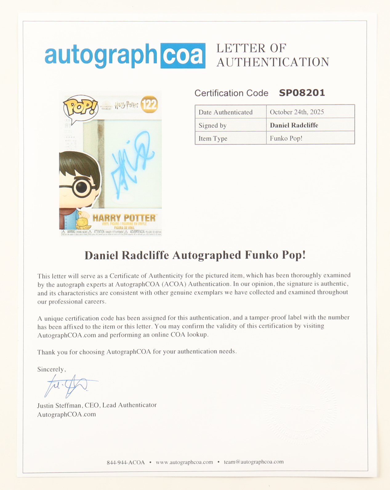 Daniel Radcliffe Signed "Harry Potter" #122 Wizarding World Funko Pop! Vinyl Figure (ACOA) at PristineAuction.com Daniel Radcliffe Signed "Harry Potter" #122 Wizarding World Funko Pop! Vinyl Figure (ACOA) at PristineAuction.com