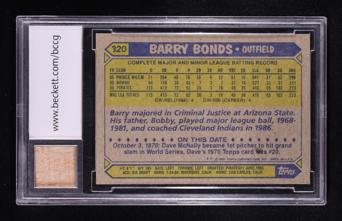 Barry Bonds 1987 Topps Game-Used Bat 2001 73 HR Season #320 RC (BCCG 10) at PristineAuction.com Barry Bonds 1987 Topps Game-Used Bat 2001 73 HR Season #320 RC (BCCG 10) at PristineAuction.com