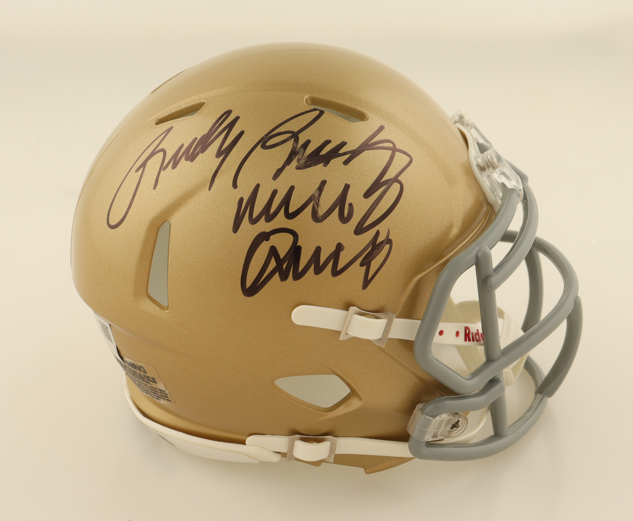 Rudy Ruettiger Signed Notre Dame Fighting Irish Speed Mini Helmet Inscribed "Never Quit" (Fanatics) at PristineAuction.com Rudy Ruettiger Signed Notre Dame Fighting Irish Speed Mini Helmet Inscribed "Never Quit" (Fanatics) at PristineAuction.com