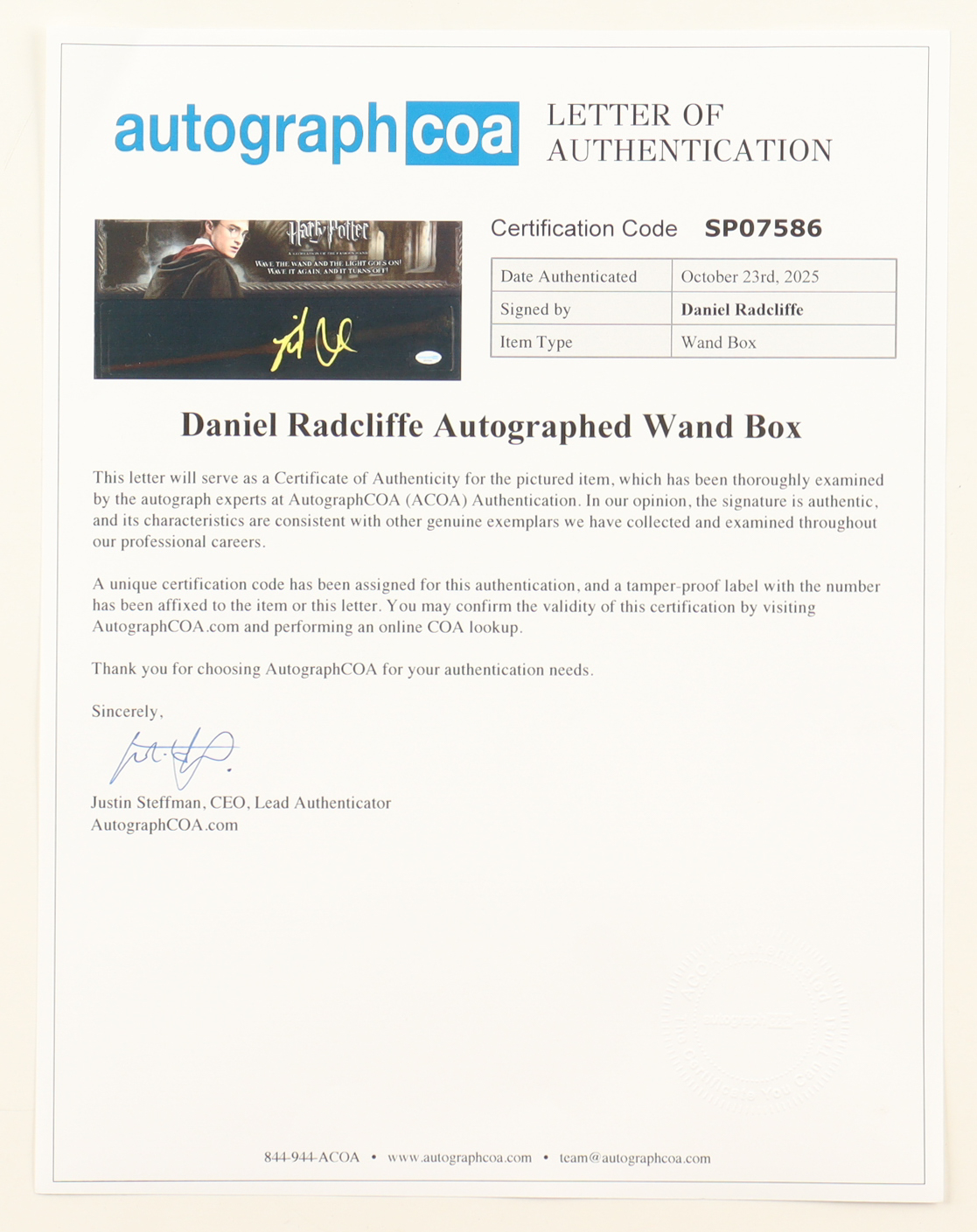 Daniel Radcliffe Signed "Harry Potter" Wand with Original Box (ACOA) at PristineAuction.com Daniel Radcliffe Signed "Harry Potter" Wand with Original Box (ACOA) at PristineAuction.com
