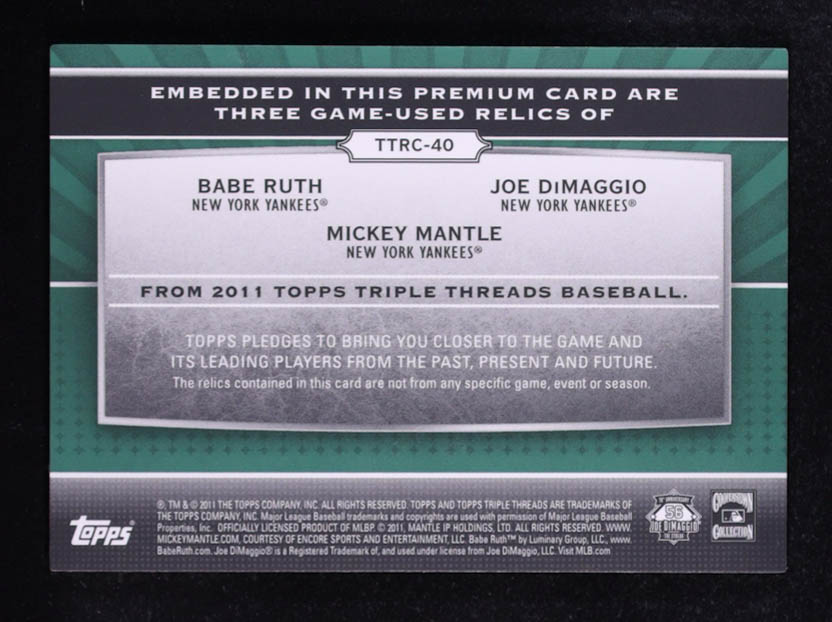 Babe Ruth / Joe DiMaggio / Mickey Mantle 2011 Topps Triple Threads Relic Combos Emerald #TTRC40 #14/18 at PristineAuction.com Babe Ruth / Joe DiMaggio / Mickey Mantle 2011 Topps Triple Threads Relic Combos Emerald #TTRC40 #14/18 at PristineAuction.com