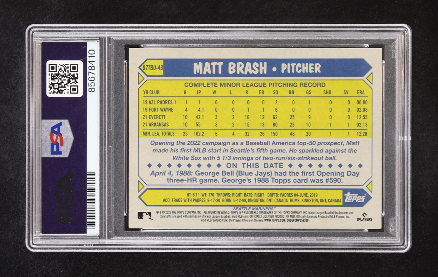 Matt Brash Signed 2022 Topps Update '87 Topps #87TBU43 RC (PSA | Auto 10) at PristineAuction.com Matt Brash Signed 2022 Topps Update '87 Topps #87TBU43 RC (PSA | Auto 10) at PristineAuction.com