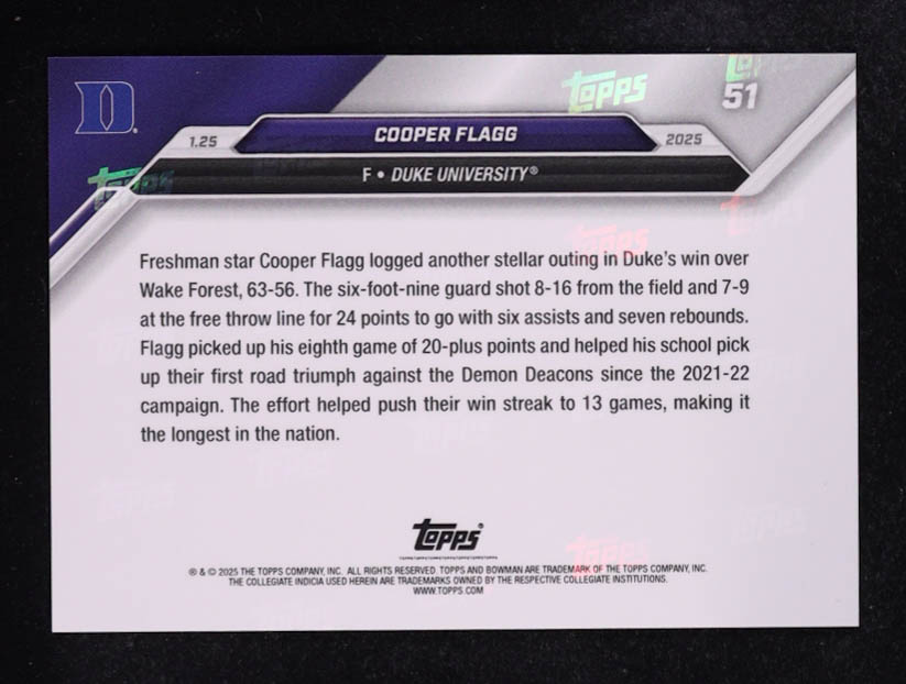 Cooper Flagg 2024-25 Bowman University Now #51 RC at PristineAuction.com Cooper Flagg 2024-25 Bowman University Now #51 RC at PristineAuction.com