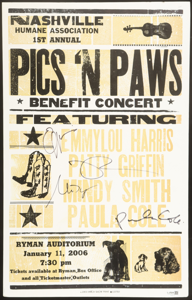 2006 "Pics 'N Paws" Benefit Concert Print On Foam Signed By (4) Emmylou Harris, Patty Griffin, Mandy Smith & Paula Cole (JSA) at PristineAuction.com 2006 "Pics 'N Paws" Benefit Concert Print On Foam Signed By (4) Emmylou Harris, Patty Griffin, Mandy Smith & Paula Cole (JSA) at PristineAuction.com