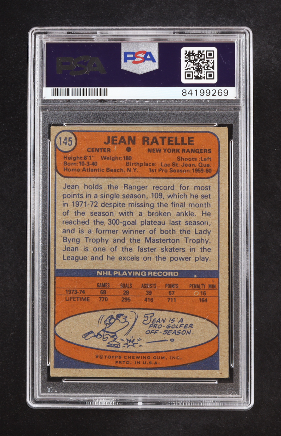 Jean Ratelle Signed 1974-75 Topps #145 (PSA) at PristineAuction.com Jean Ratelle Signed 1974-75 Topps #145 (PSA) at PristineAuction.com