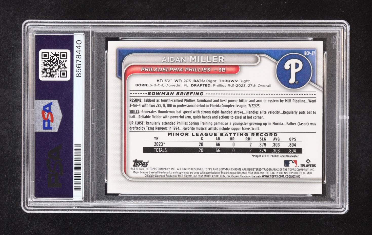 Aidan Miller Signed 2024 Bowman Chrome Prospects #BCP27 RC (PSA) at PristineAuction.com Aidan Miller Signed 2024 Bowman Chrome Prospects #BCP27 RC (PSA) at PristineAuction.com