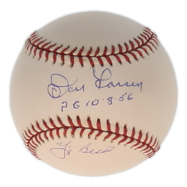 Yogi Berra & Don Larsen Signed OAL Baseball Inscribed "PG 10-8-56" (JSA) at PristineAuction.com Yogi Berra & Don Larsen Signed OAL Baseball Inscribed "PG 10-8-56" (JSA) at PristineAuction.com