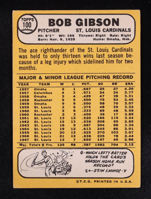 Bob Gibson 1968 Topps #100 at PristineAuction.com Bob Gibson 1968 Topps #100 at PristineAuction.com