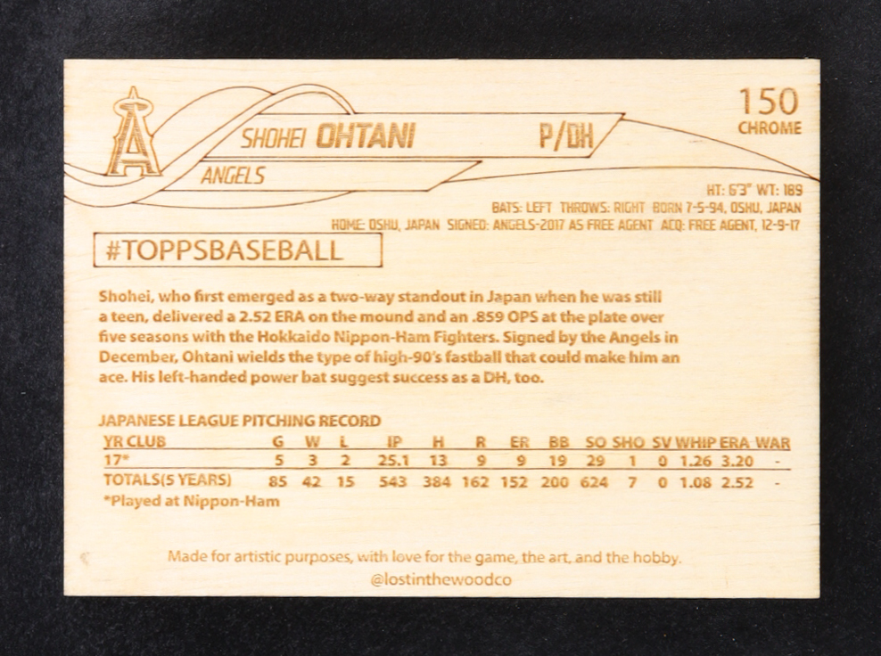Shohei Ohtani Custom Wood Art Trading Card at PristineAuction.com Shohei Ohtani Custom Wood Art Trading Card at PristineAuction.com