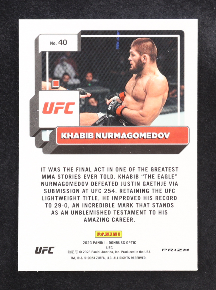 Khabib Nurmagomedov 2023 Donruss Optic UFC Holo #40 at PristineAuction.com Khabib Nurmagomedov 2023 Donruss Optic UFC Holo #40 at PristineAuction.com