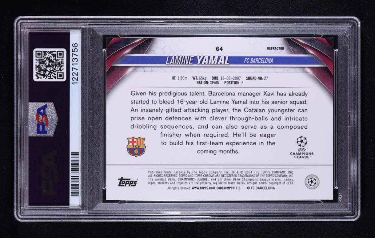 Lamine Yamal 2023-24 Topps Chrome UEFA Club Competitions Refractors #64 RC (PSA 9) at PristineAuction.com Lamine Yamal 2023-24 Topps Chrome UEFA Club Competitions Refractors #64 RC (PSA 9) at PristineAuction.com