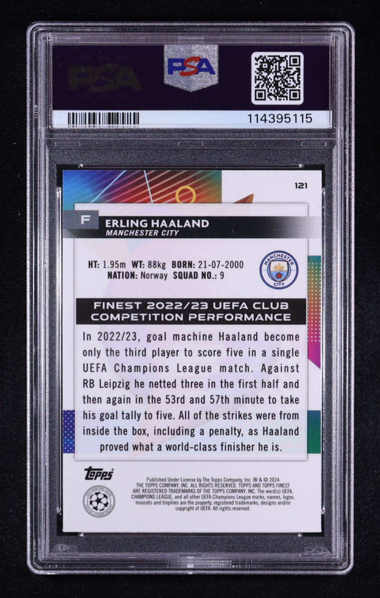 Erling Haaland 2023-24 Finest UEFA Club Competitions Purple Shimmer Refractors #121 #083/199 (PSA 10) at PristineAuction.com Erling Haaland 2023-24 Finest UEFA Club Competitions Purple Shimmer Refractors #121 #083/199 (PSA 10) at PristineAuction.com