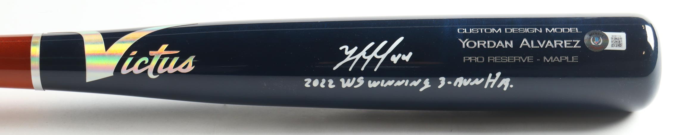 Yordan Alvarez Signed Victus Player Model Bat Inscribed "2022 WS Winning 3-Run HR" (Beckett) at PristineAuction.com Yordan Alvarez Signed Victus Player Model Bat Inscribed "2022 WS Winning 3-Run HR" (Beckett) at PristineAuction.com