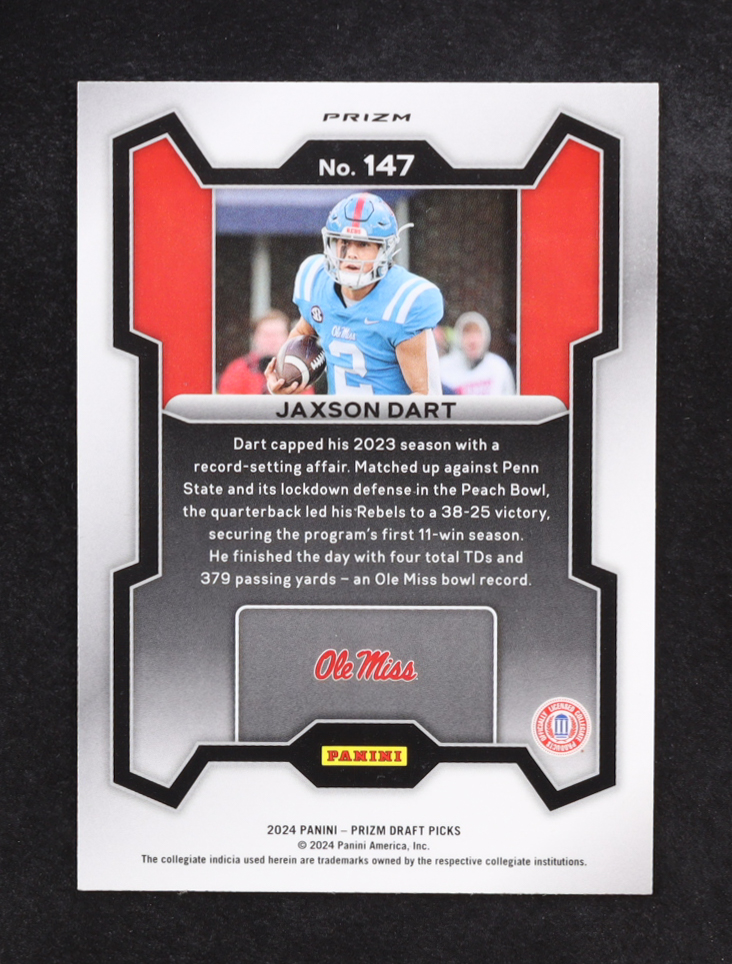 Jaxson Dart 2024 Panini Prizm Draft Picks Prizms Red Ice #147 RC at PristineAuction.com Jaxson Dart 2024 Panini Prizm Draft Picks Prizms Red Ice #147 RC at PristineAuction.com