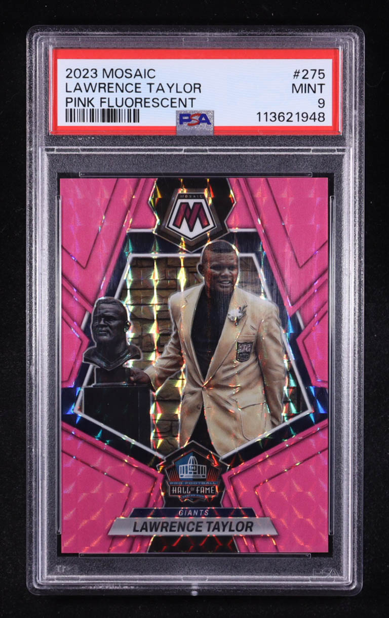 Lawrence Taylor 2023 Panini Mosaic Mosaic Pink Fluorescent #275 HOF #05/10 (PSA 9) at PristineAuction.com Lawrence Taylor 2023 Panini Mosaic Mosaic Pink Fluorescent #275 HOF #05/10 (PSA 9) at PristineAuction.com