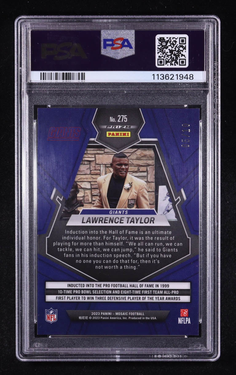 Lawrence Taylor 2023 Panini Mosaic Mosaic Pink Fluorescent #275 HOF #05/10 (PSA 9) at PristineAuction.com Lawrence Taylor 2023 Panini Mosaic Mosaic Pink Fluorescent #275 HOF #05/10 (PSA 9) at PristineAuction.com