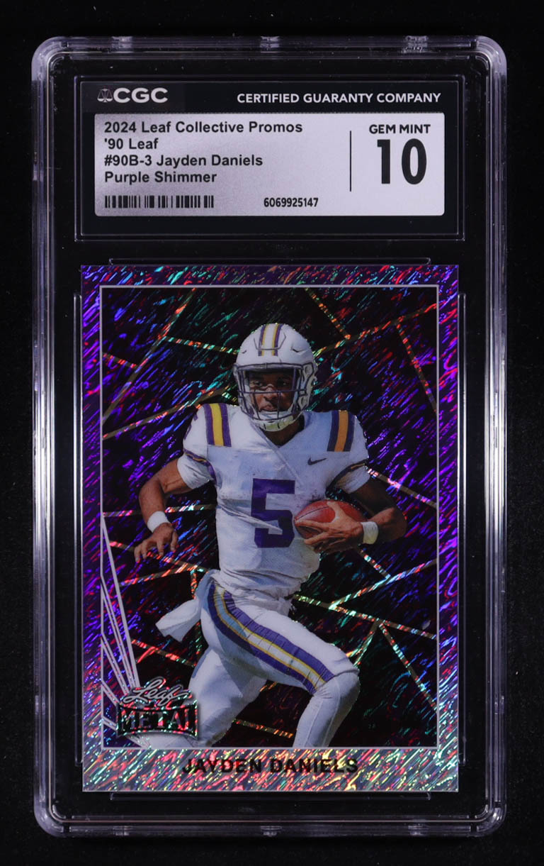 Jayden Daniels 2024 Leaf Metal Collective Promos '90 Leaf Purple Shimmer #90B-3 RC #162/199 (CGC 10) at PristineAuction.com Jayden Daniels 2024 Leaf Metal Collective Promos '90 Leaf Purple Shimmer #90B-3 RC #162/199 (CGC 10) at PristineAuction.com