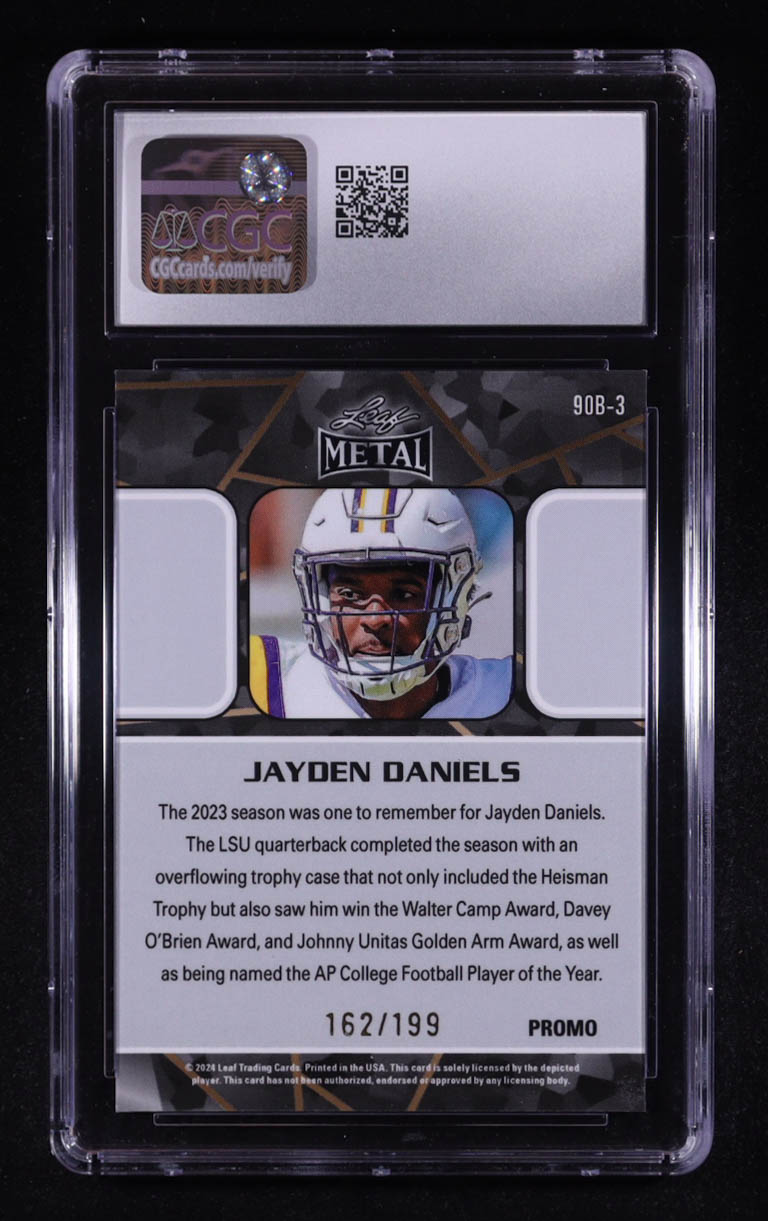 Jayden Daniels 2024 Leaf Metal Collective Promos '90 Leaf Purple Shimmer #90B-3 RC #162/199 (CGC 10) at PristineAuction.com Jayden Daniels 2024 Leaf Metal Collective Promos '90 Leaf Purple Shimmer #90B-3 RC #162/199 (CGC 10) at PristineAuction.com