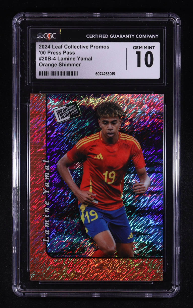 Lamine Yamal 2024 Leaf Collective Promos '00 Press Pass Orange Shimmer #20B-4 RC #219/299 (CGC 10) at PristineAuction.com Lamine Yamal 2024 Leaf Collective Promos '00 Press Pass Orange Shimmer #20B-4 RC #219/299 (CGC 10) at PristineAuction.com