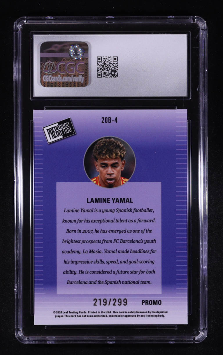 Lamine Yamal 2024 Leaf Collective Promos '00 Press Pass Orange Shimmer #20B-4 RC #219/299 (CGC 10) at PristineAuction.com Lamine Yamal 2024 Leaf Collective Promos '00 Press Pass Orange Shimmer #20B-4 RC #219/299 (CGC 10) at PristineAuction.com