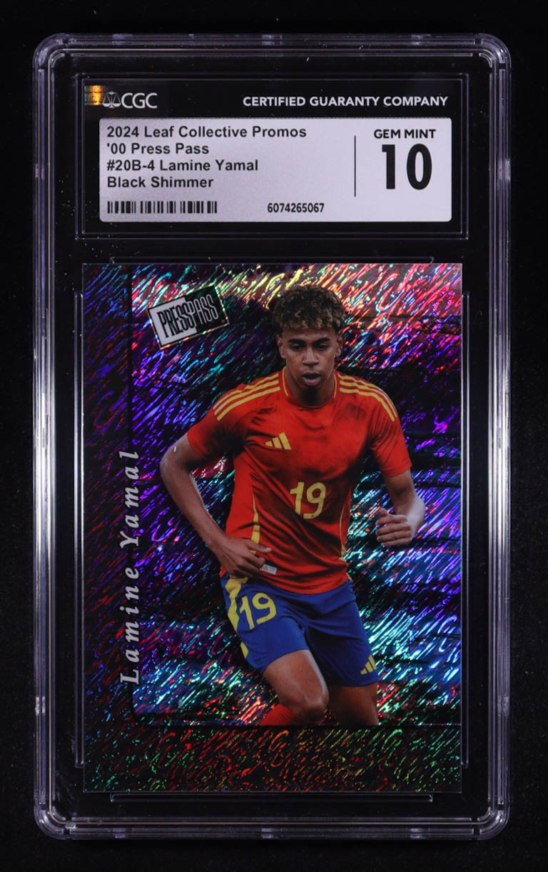 Lamine Yamal 2024 Leaf Collective Promos '00 Press Pass Black Shimmer #20B-4 RC #6/25 (CGC 10) at PristineAuction.com Lamine Yamal 2024 Leaf Collective Promos '00 Press Pass Black Shimmer #20B-4 RC #6/25 (CGC 10) at PristineAuction.com