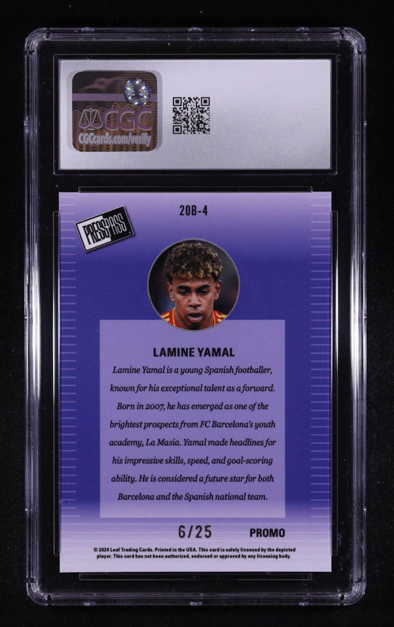 Lamine Yamal 2024 Leaf Collective Promos '00 Press Pass Black Shimmer #20B-4 RC #6/25 (CGC 10) at PristineAuction.com Lamine Yamal 2024 Leaf Collective Promos '00 Press Pass Black Shimmer #20B-4 RC #6/25 (CGC 10) at PristineAuction.com