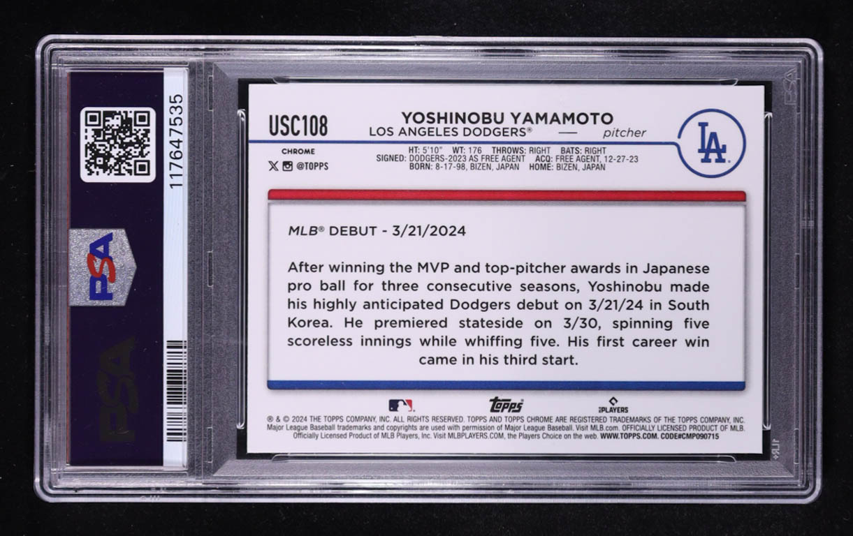 Yoshinobu Yamamoto 2024 Topps Chrome Update X-Fractors #USC108 RC (PSA 9) at PristineAuction.com Yoshinobu Yamamoto 2024 Topps Chrome Update X-Fractors #USC108 RC (PSA 9) at PristineAuction.com
